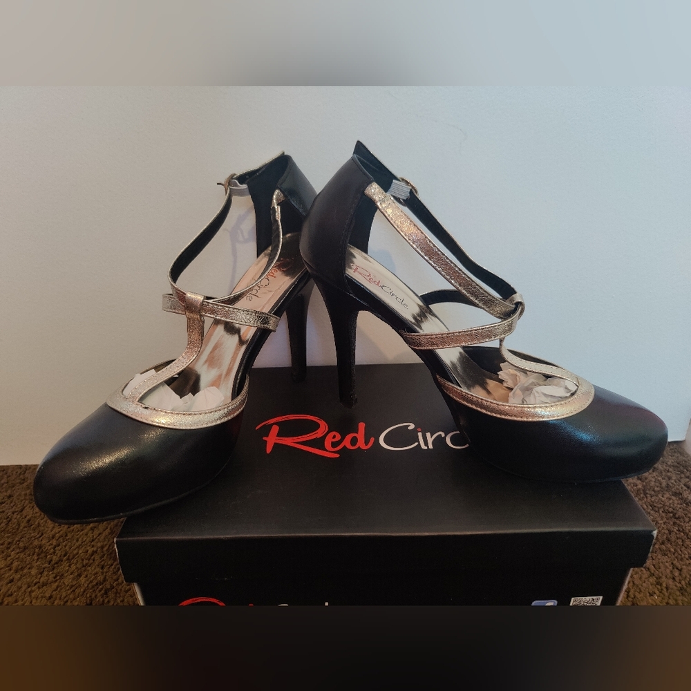 Red Circle Footwear Black and Gold Heels